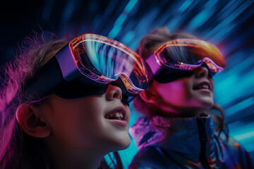 New generation Kids Using VR Headsets to Immerse Into New VR Gaming Worlds. Gen Alpha Digital Natives with Virtual Reality Smart Glasses.