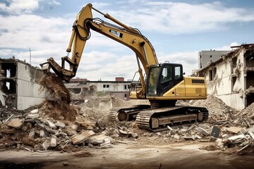 An excavator at a demolition site equipped with a magnetic boom attachment. Generative AI