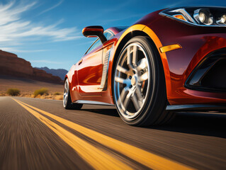 Close-up of wheel of fast sports car on highway: high speed auto in motion blur