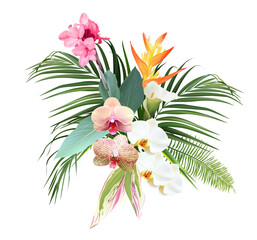 Pink canna flower, white and striped orchid, calla lily, yellow bird of paradise, tropical leaves design vector bouquet