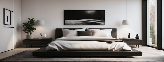 Minimalist bedroom with a platform bed, white bedding, and a gallery wall of black and white art.