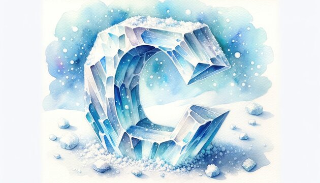 Watercolor painting of a crystalline letter 'C', shimmering in icy blue and white tones, set against a snowy background.