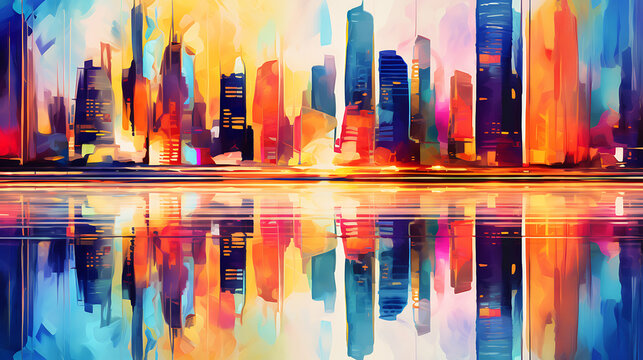 Futuristic imaginary cityscape oil painting.  cgi brush style city oil painting landscape. generative ai