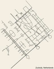 Detailed hand-drawn navigational urban street roads map of the Dutch quarter of ZUIDWIJK, NETHERLANDS with solid road lines and name tag on vintage background