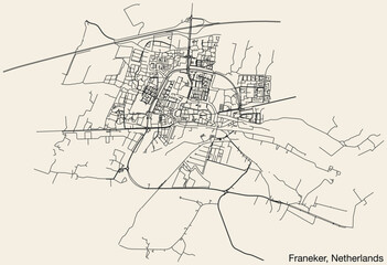 Detailed hand-drawn navigational urban street roads map of the Dutch city of FRANEKER, NETHERLANDS with solid road lines and name tag on vintage background
