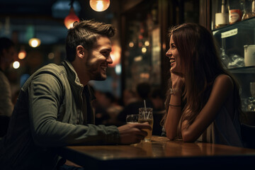 Date in a bar. Young man and woman in a evening pub. AI generative