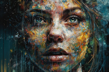 The face of a beautiful woman painted with flowing colors, capturing the essence of fluidity, expression, and artistic beauty.. Generative Ai, Ai.