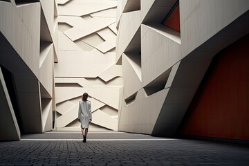 Woman walking in futuristic brutalist city street.