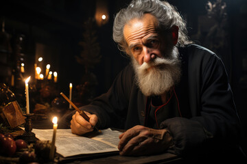 A portrait of a Jewish scholar engrossed in the study of ancient texts, embodying a deep connection to tradition. Generative Ai.