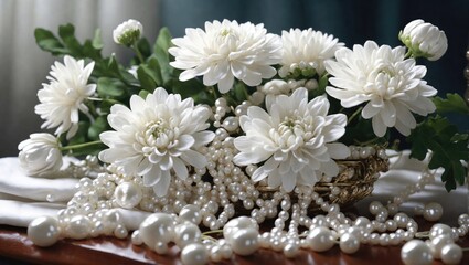 "Pearls and Petals: An Elegant Photorealistic Floral Composition"
