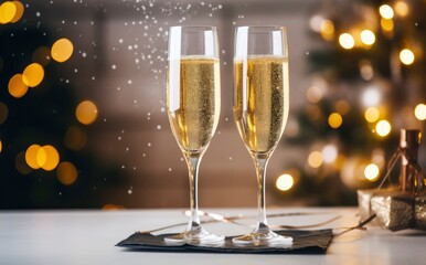 Glasses with champagne on the background of Christmas decorations.