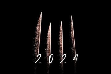 Happy new year 2024 orange fireworks rockets new years eve. Luxury firework event sky show turn of...