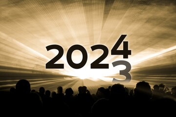 Turn of the year 2023 2024 yellow laser show party. Luxury entertainment with people crowd audience silhouettes at new year celebration. Premium nightlife event at holidays season time - obrazy, fototapety, plakaty