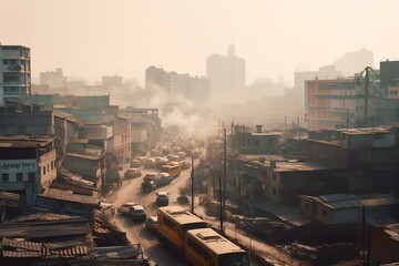 A heavily polluted cityscape affected by vehicle emissions showcasing transportation inefficiency. Generative AI