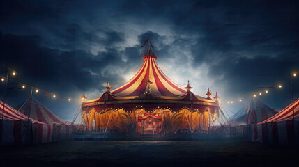 Circus tent with illuminations lights at night. Cirque facade. Festive attraction - obrazy, fototapety, plakaty