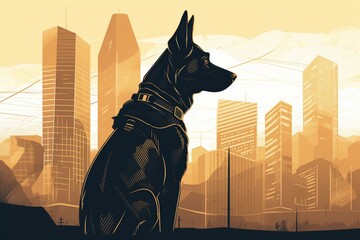 Design of a brave police dog standing confidently in front of a city. Generative AI