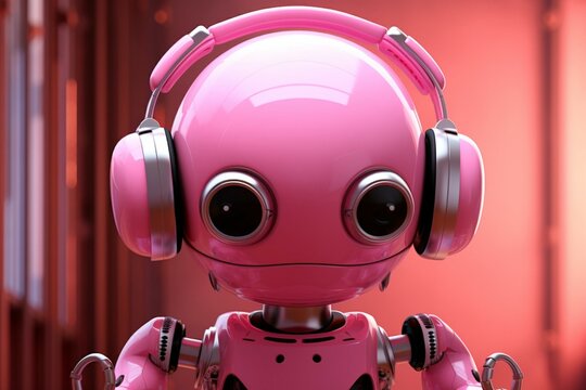 Pink Robot With Headphones. Generative AI