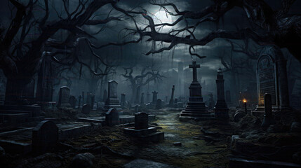 dark scary cemetery at night. Halloween background concept.