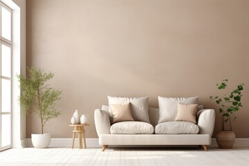 Fototapeta na wymiar A contemporary living space with a minimalist white sofa and a touch of greenery