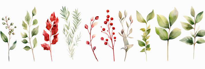 Watercolor Christmas Set with Evergreen Coniferous Tree Branches, Berries and Leaves. Holly, Fir, Pine, Mistletoe. Isolated on White Background.