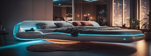 Sci-fi-inspired bedroom with a floating bed, LED lighting, and high-tech gadgets.