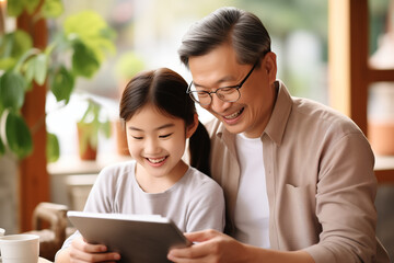 asian girl reading an article with her elderly father Generative Ai
