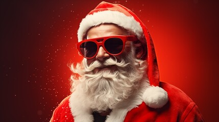 A cool and smiling Santa Claus, with his sunglasses on, wishes everyone a merry Christmas and a happy new year on this winter holiday background, Generative AI