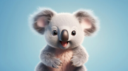 Realistic 3d render of a happy,  furry and cute baby Koala smiling with big eyes looking strainght