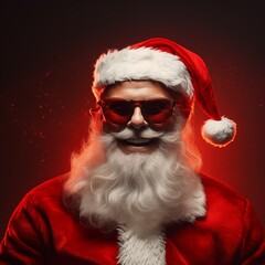 A cool and smiling Santa Claus with sunglasses on a winter holiday background wishes you a merry Christmas and a happy new year, Generative AI