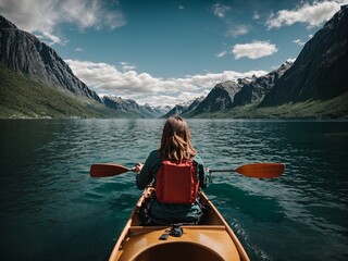 A girl in a canoe floating on the water among the fjords