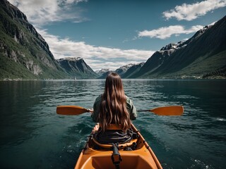 A girl in a canoe floating on the water among the fjords