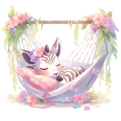 A sleepy baby zebra in a hammock. watercolor illustrations.