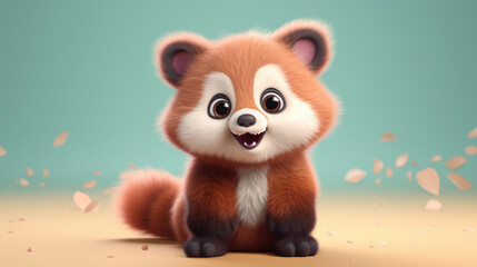 Realistic 3d render of a happy,  furry and cute baby Red panda smiling with big eyes looking strainght