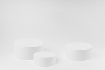 Abstract three white round podiums for cosmetic products, mockup, white background. Scene for presentation products, gifts, goods, advertising, design, sale, text, display, showing.