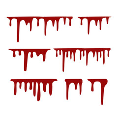 Set of paint dripping liquid. Flow of drip, blood. Leaking paint, stains. Current falls, leak. Red liquid drops, flowing paint. Vector illustration on isolated white background