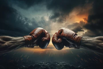 Afwasbaar fotobehang Two boxing gloves suspended against a dramatic backdrop © pham