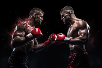 Fototapeta na wymiar Two fighters wearing red boxing gloves in a dramatic black setting