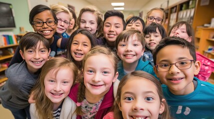 Obraz premium Class selfie in an elementary school. Kids taking a picture together in a co-ed school