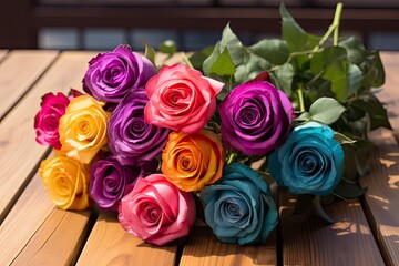 Bunch of multi colored roses on wooden planks, happy birthday lying on planks.