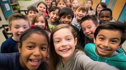 Class selfie in an elementary school. Kids taking a picture together in a co-ed school - Powered by Adobe