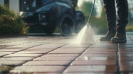 man is cleaning Driveway Using Clean Dirty Powerful