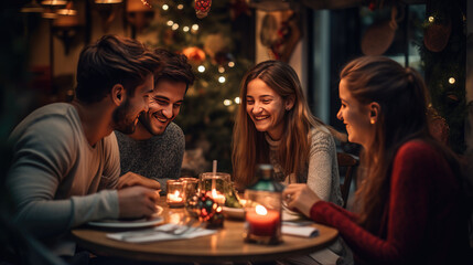 Obraz na płótnie Canvas The family celebrates Christmas at the festive table.