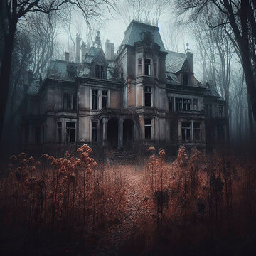 Mansión encantada, casa encantada en medio de un bosque oscuro, casa terrorífica, mansión abandonada, historias de terror