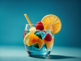 Glass cup topped with different tropical drinks, fruits cocktail