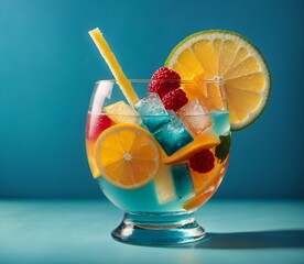 Glass cup topped with different tropical drinks, fruits cocktail