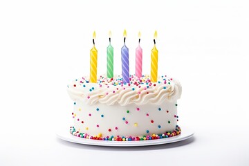 Colourful birthday cake with candles isolated on white background.