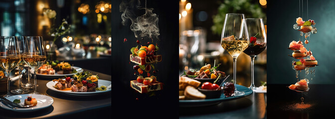 Collage o diseño de restaurante lujoso y comida de vanguardia y gourmet.Mesa elegante y lujosa para cenar en un restaurante - obrazy, fototapety, plakaty