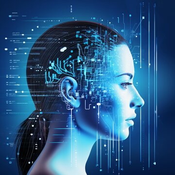 3d rendering of cyborg woman with circuit brain on blue background