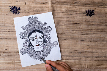 Beautiful handmade or hand painted painting or drawing of Goddess Durga. Copy space or empty space