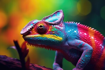 Fototapeta premium A vibrant chameleon perched on a branch in a lush green environment